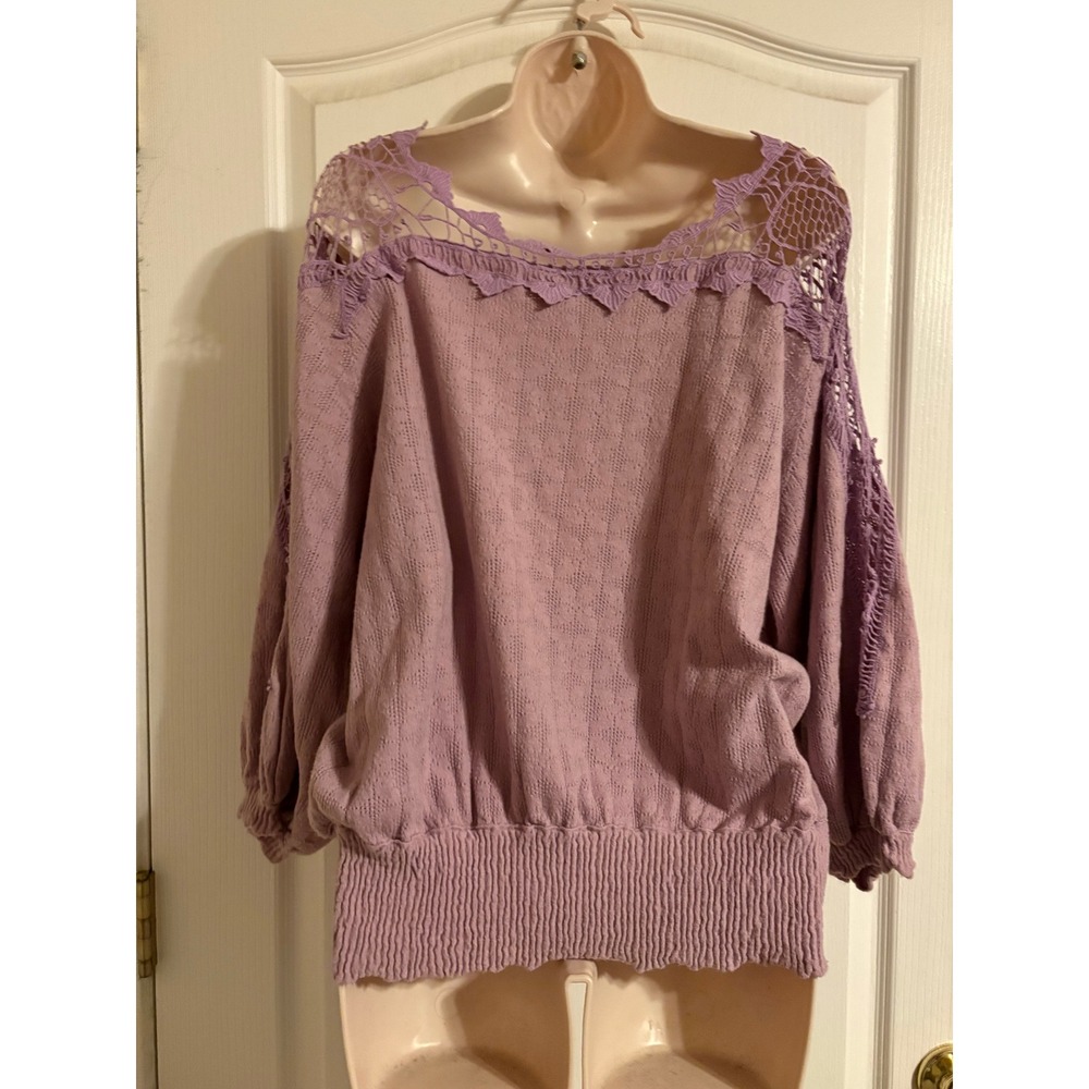 Free People Lavender Crochet Love Lace Yoke Smocked‎ Hem Blouson Sweater Large - Picture 3 of 8